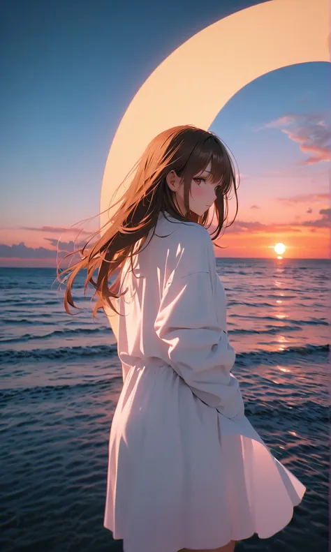 (woman\(22 years old,   shoulder-length hair in the image, Chestnut brown eyes, ) I'm watching the sunset over the horizon), ( Starry sky in the sky ), Beautiful evening sky, winter，The sea where the sunset continues everywhere is reflected, Mysterious and...