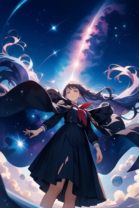 two-sided cloak,[(black cloak),(nebula cloak)],floating  cloak,whole body、 high school girl、uniform、 1 girl,very long hair,Wide angle,dynamic angle, from below,galaxy space,