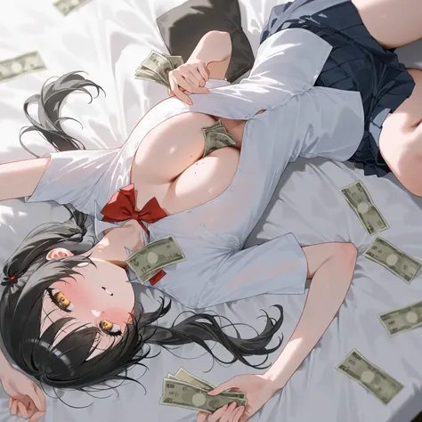  cute girl、 black hair、 twin tails、 school uniform、 puzzled expression、 embarrassing、 drunk 、 cleavage、Put a bill between your chest、  holding money 、 wads of money scattered on the bed、 from above