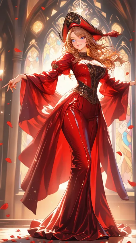  A young, sexy woman is alone in a majestic church with stained glass。( Masterpiece,  top quality,  very detailed depiction,16k, drawn by a professional illustrator, High quality anime picture ),
(Traditional Venetian Carnival 、Rococo inspired red dress wi...