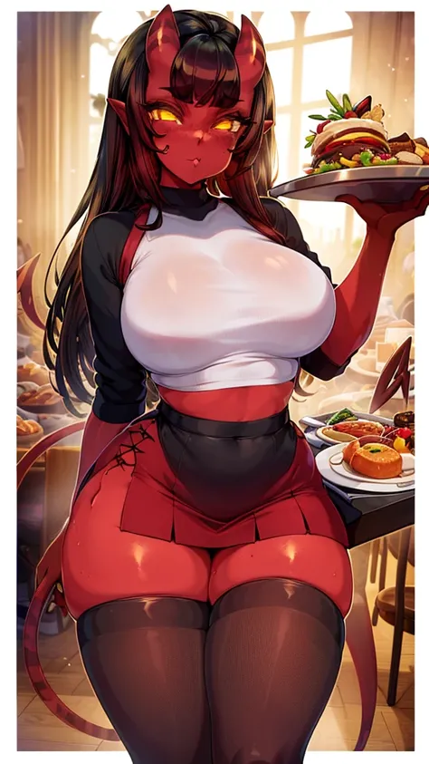 Beautiful picture), (Masterpiece), ((((Solo)))), ((big breasts)), (curvy), (sexually suggestive), (wearing mini skirt, crop shirt), perfect hands, sexy legs, (pouting), (bored), (holding a tray of food), (stockings), (demon horns), at a restaurant, (tight ...