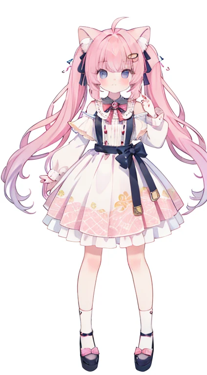  standing picture、Droopy ears犬耳　  Full Body Lesbian 、​masterpiece、 top quality、length、 best image quality、 cute little、 one girl、Pink Hair、 head ribbon、Ribbon clothing、frilld、Year、piece sign、 pink eye、 twirling twin tails 　Droopy dog ears　Symmetrical　Droop...