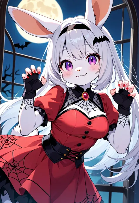 1girl, (furry, kemono:1.4), rabbit girl, animal nose, rabbit ears, gloves, long hair, fingerless gloves, hairband, purple eyes, hair ornament, looking at viewer, dress, fangs, bat hair ornament, spider web print, nail polish, smile, claw pose, moon, blush,...