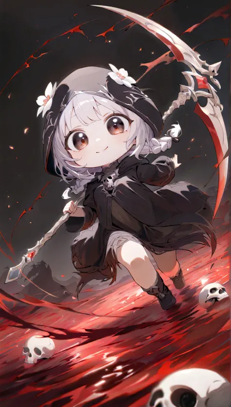 solo,1girl\(grim reaper,cute,kawaii,(chibi),hair color white,braid hair,messy hair,eye color dark,big eyes,white skin,pale skin,big soft kind smile,enjoy,full body,wearing Grim Reaper's black Robe,(black hood),holding scythe,flower hair ornament,(body tran...