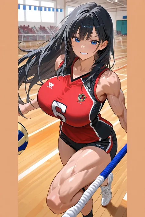 Smiling cheerful suntanned fit athletic college girl with very long down loose black hair down to her hips and blue eyes wearing a red and black volleyball outfit, playing volleyball in a school gym large breasts huge muscles huge breasts 