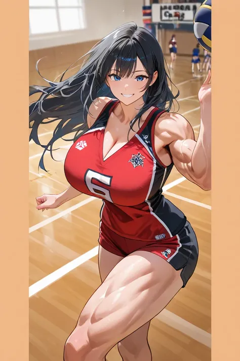 Smiling cheerful suntanned fit athletic college girl with very long down loose black hair down to her hips and blue eyes wearing a red and black volleyball outfit, playing volleyball in a school gym large breasts huge muscles huge breasts 