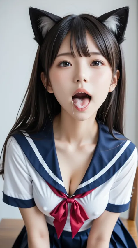  there is a smiling woman sitting at a table、((( open your mouth and go deep throat、 ejaculate in mouth)))、 close-up face、Overview、 sailor collar 、 Navy Blue Ruffle Skirt、sailor red ribbon、Cat ears,  cute high school girl, cute girl wearing ,  super realis...