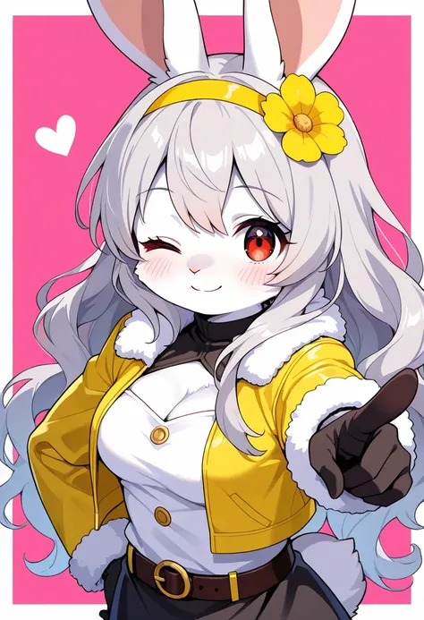 1girl, (furry, kemono:1.4), rabbit girl, animal nose, rabbit ears, solo, gloves, one eye closed, long hair, breasts, black gloves, smile, hairband, grey hair, looking at viewer, yellow hairband, cleavage, fur trim, blush, heart, white border, jacket, hair ...