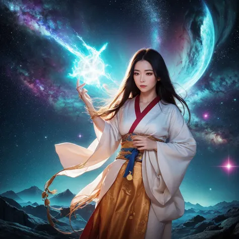 Create a Facebook cover that embodies the mystical universe, Bright and powerful, Express Amaterasu as a spiritual guide that transcends dimensions. Wear a white kimono gracefully, Long Beautiful Black Hair ,sharp and beautiful eyes,The image should evoke ...