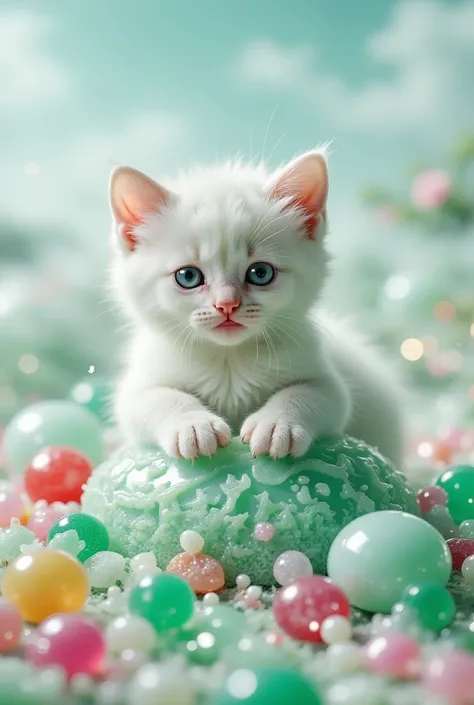 Close-up zoom in,(Macro:1) photo, cute kitty play on a milky white table ,( Mandelbutt fractal :4)   thousand pieces of colored glass sugar ,Condensed , effervescent , detailed, complicated,Key Light,backlight,Fill Light, play under three-point lighting , ...