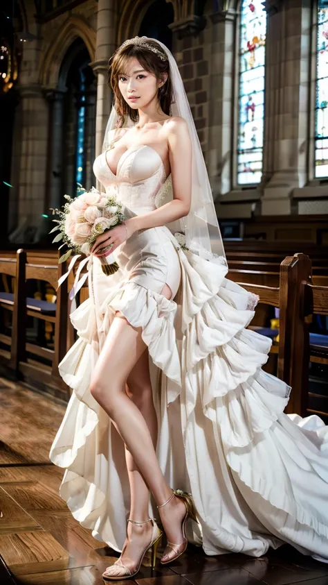 A beautiful young Japanese woman, 26 years old, with healthy thighs, beautiful legs, flawless skin, random hair color and style, large breasts, wearing a (wedding dress:1.3), (she is standing:1.2), full body shot, high heels, holding a bouquet in her hands...