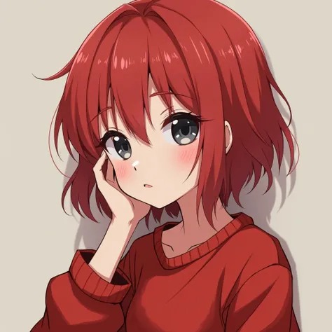  Pale skinned girl female anime image, Red hair and black eyes , red sweatshirt