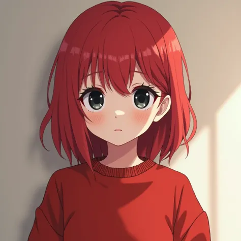  Pale skinned girl female anime image, Red hair and black eyes , red sweatshirt