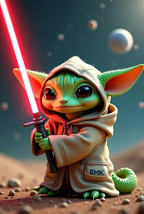 A cute green snake wearing a hooded Yoda suit, holding a red laser sword, Star Wars has the word EMK on the chest.