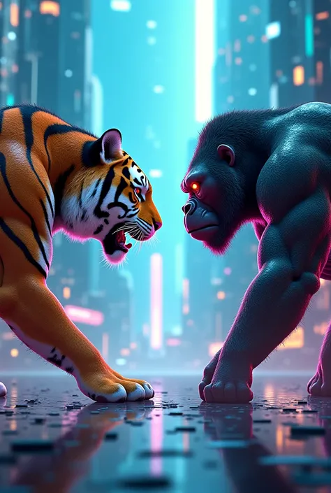 Create a video with futuristic characters ,  where a tiger and a gorilla face off to defend their tribes