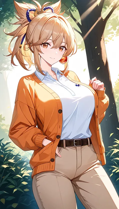 a woman wearing a cozy cardigan, collared polo shirt, and khaki pants, standing in a peaceful outdoor setting, sunlight streaming through the trees, warm colors, serene atmosphere, (best quality,4k,8k,highres,masterpiece:1.2), elegant pose,yoimiya, bangs, ...