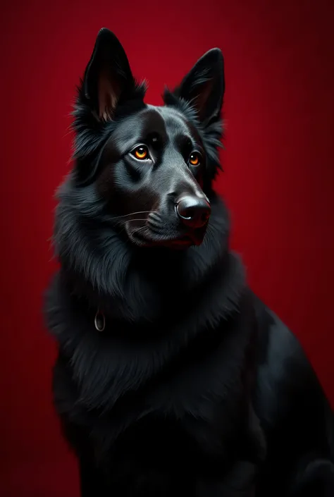 1dog, male, black german shepherd long coat, dark red background