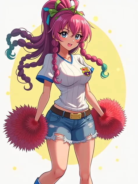 A woman similar to Shampoo de Ranma 1 / 2 with a ripped denim miniskirt and with the FC Barcelona shirt and big breasts