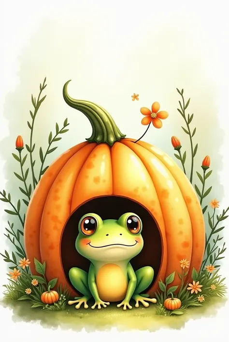  A cute frog that lives in a pumpkin house , watercolor illustrated art 