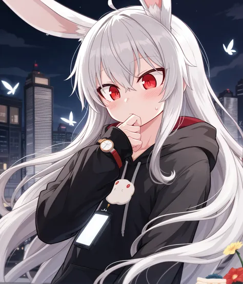 1 rabbit boy,  hoodie,  red eyes, White Aura, flower, Food, Bend, old clothes,  long hair,  Look Down, Alone, Gray Hair,  score_9,  top quality, City,, null,  Watch Viewers , Diadem,