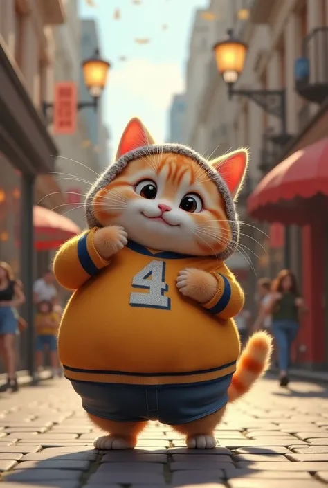  photoreal、 3d rendering 、 best image quality、 One very fat, cute, clumsy cat cares about her fat tummy, wears a jersey and wraps around her head on the streetＤＪI'm dancing a wild dance to the music of 。