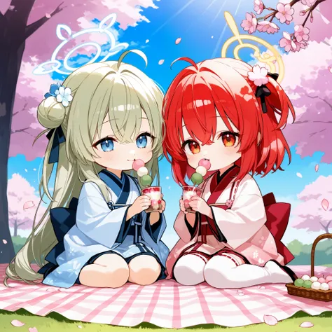 masterpiece, best quality, ultra-detailed, two chibi-style girls wearing elegant traditional outfits, one with blue and the other with red, are sitting on a picnic blanket under a fully bloomed cherry blossom tree. The sunlight filters through the petals, ...