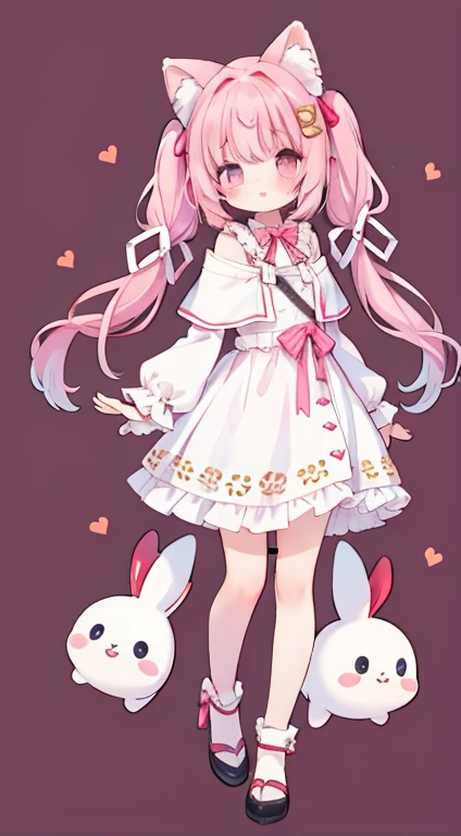 Droopy ears犬耳　 standing picture、Symmetrical　Droopy ears犬耳　  Full Body Lesbian 、​masterpiece、 top quality、length、 best image quality、 cute little、 one girl、Pink Hair、 head ribbon、Ribbon clothing、frilld、Year、piece sign、 pink eye、Twirl and fluffy twin tails　D...