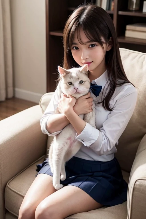 1 Female、(Sitting on a sofa at home holding a cute cat:1.5)、 smiles、(Cute American Shorthair with Blue Eyes)、( white Persian cat)、(  high school uniforms  )、( check mini skirt)、 long brown hair、(  white high socks)