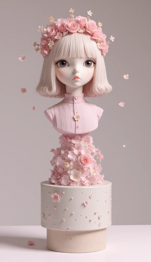 A 3D portrait sculpture is placed on the central pedestal，  simple，  minimalism，  beautiful girl， Located、 have lots of flower bangs  、 Elegant soft colors ，Colored glass transparent 、gem、Botanical illustration