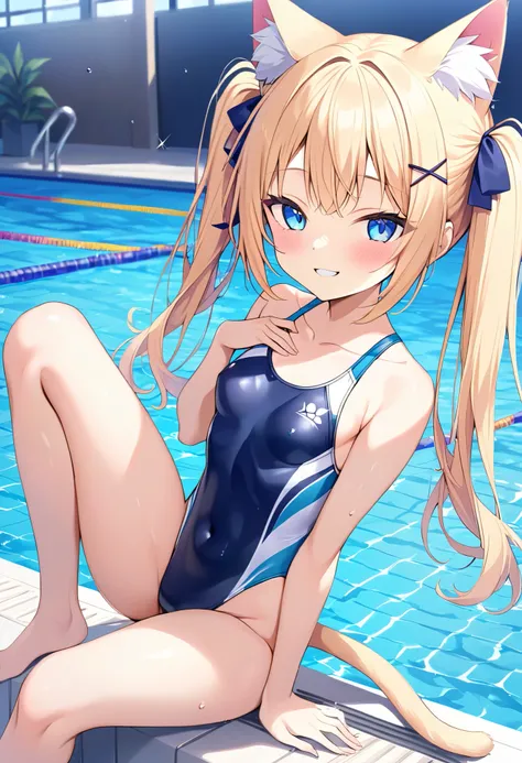      one girl、  blond、 blue eyes、Cat ears、  cat's tail、   Wakino 、  Tiny Breasts 、  twin tails、 With a bright smile 、 competitive swimsuit、 pool、右傾斜から  、Like々  to smile brightly from a right tilt  {x}  open your chest from a right tilt to show off your new...