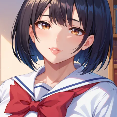 ( very detailed, 8k,  high image quality,  absurd:1.2),  Japanese woman,  1 High School Girl, plump body type,  Beautiful Character Design, Plain face, (black hair, bob cut),  beautiful detail eye description,  perfect face ,  expressive eyes,  brown eyes,...