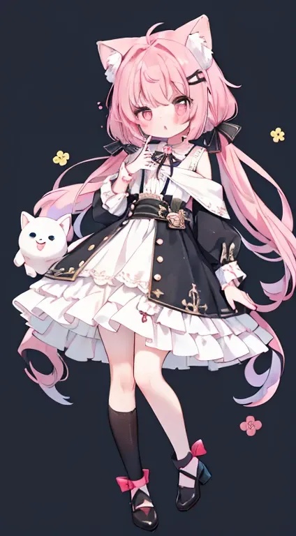 Droopy ears犬耳　 standing picture、Symmetrical　Droopy ears犬耳　  Full Body Lesbian 、​masterpiece、 top quality、length、 best image quality、 cute little、 one girl、Pink Hair、 head ribbon、Ribbon clothing、frilld、Year、piece sign、 pink eye、Twirl and fluffy twin tails　D...