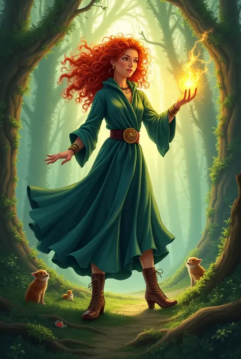 Young curly-haired red-haired witch in the forest doing spells 