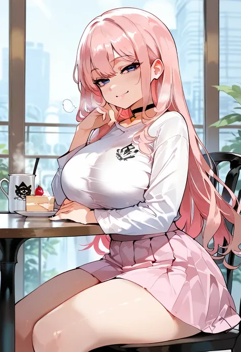 masterpiece, best quality, amazing quality, very aesthetic, high resolution, newest, hyper-detailed, realism, pink hair, long hair, blue eyes, big breast, thick thighs, choker, white off should long sleeve shirt, pink skirt, cafe, sitting down at table, si...