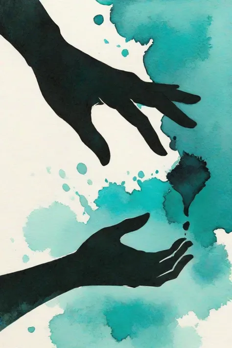 Female hand held gently to a male hand so as not to let go, Silhouette painting in turquoise watercolor 