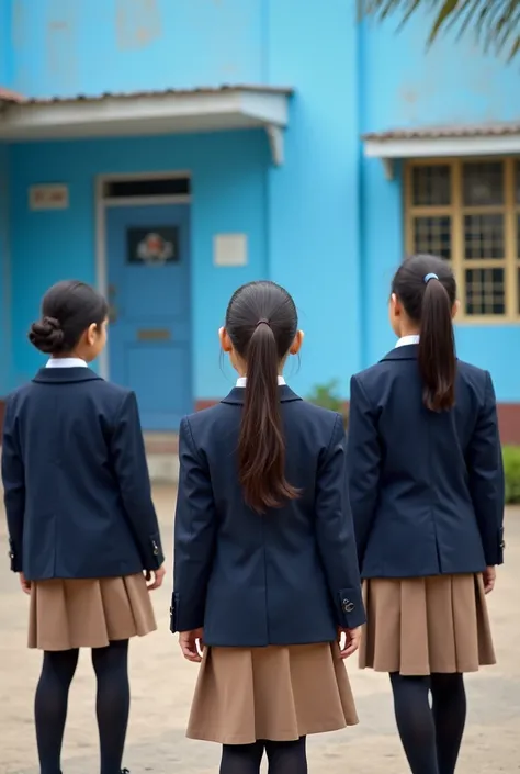 Well students facing a blue school backfacing the camera and they are in a uniform with cream brown skirt and pants and dark blue blazers and they are looking towards school and schools name is podar international beed