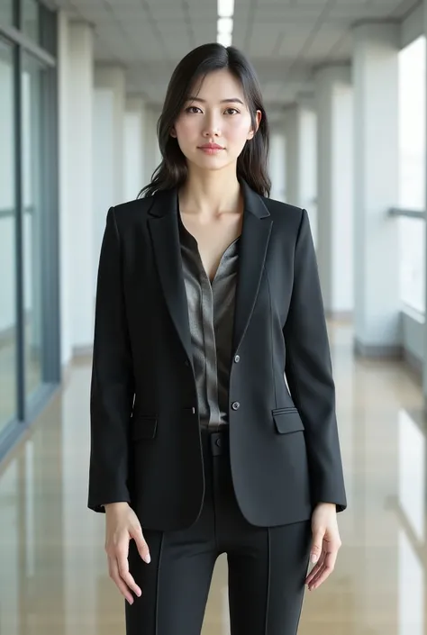 an Asian woman, A young professional woman in semi-formal attire, standing confidently in an urban office setting. She is wearing a tailored blazer and sleek trousers, with a stylish blouse underneath. Natural lighting highlights her poised expression and ...