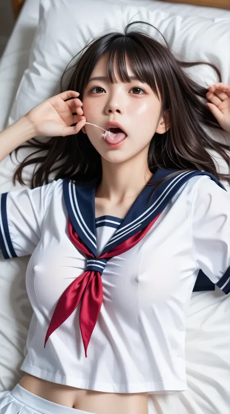 ((((Japanese sailor girl middle school student lying in bed、round face、 sailor collar 、 Pleasant face、cnadid shot))))、((( open your mouth and go deep throat、 ejaculate in mouth)))、 close-up face、Overview、 sailor collar 、sailor red ribbon、Cat ears, (The win...