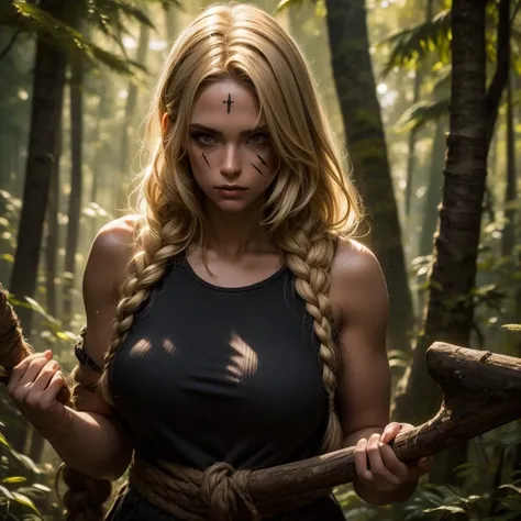 Strong sexy Nordic woman in Forest with hand ax, braided hair, blonde hair, dirt, black war paint, sweat