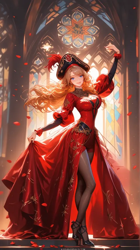  A young, sexy woman is alone in a majestic church with stained glass。( Masterpiece,  top quality,  very detailed depiction,16k, drawn by a professional illustrator, High quality anime picture ),
(Traditional Venetian Carnival 、Rococo style red dress with ...