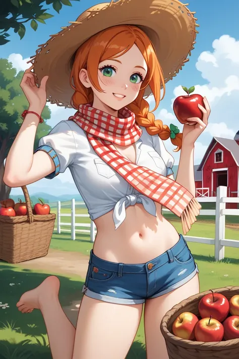 For an apple farmer-inspired outfit for Orihime Inoue, while keeping her navel and feet visible, here’s the design:

Top

A cropped plaid shirt in red and green to resemble the classic farmer’s look, with rolled-up sleeves for practicality and style. The s...