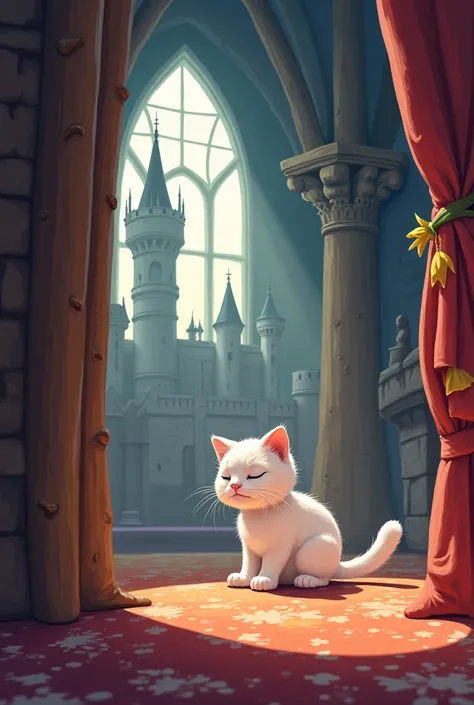 

That was when cat with white fur, who had been sleeping in a corner of the castle, woke up and began to explore. She padded silently through the halls, her tail twitching with excitement. Cartoon style images