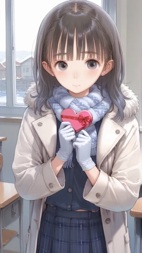  Masterpiece,  top quality ,  Hi-Res,Anatomical,   Detailed Explanation ,8k, cute,winter,School,classroom,(( One  )),baby face, small, flat body ,Schoolの制服,Wool gloves, wool scarf  ,  duffle coat,Heart-shaped box,