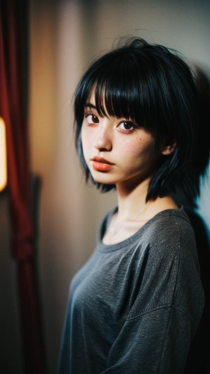 ultrahigh-res,best quality and best aesthetic,(film photography:1.2),film grain,film particles,grainy,full body shot,flash photography, a photo of a 20-year-old Japanese idol, solo focus, black hair, looking at viewer, mascara,black eyes,shorthair, eye sha...