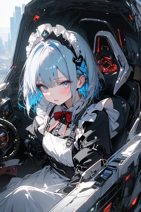  1 girl, 23 year old mecha maid, whole body, braided hair,light blue_hair,light blue_eye,red_lipstick, tiara ,mechanical_first round,mechanical_ gloves,mechanical_ Bbo~,Maid clothes with lots of exposure,( Top Quality, top quality,  Masterpiece,  Hi-Res, )...