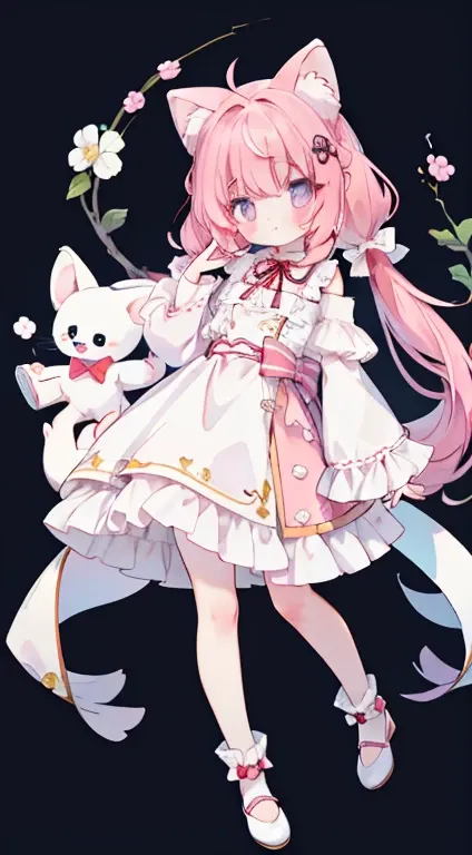 Droopy ears犬耳　 standing picture、Symmetrical　Droopy ears犬耳　  Full Body Lesbian 、​masterpiece、 top quality、length、 best image quality、 cute little、 one girl、Pink Hair、 head ribbon、Ribbon clothing、frilld、Year、piece sign、 pink eye、Twirl and fluffy twin tails　D...