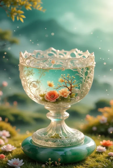 In a soft, golden light, a exquisite crystal chalice with intricate lacework and floral engravings sits atop a delicate pedestal. The transparent liquid within sparkles like the night sky, reflecting hues of sapphire, amethyst, and rose. The chalice's curv...