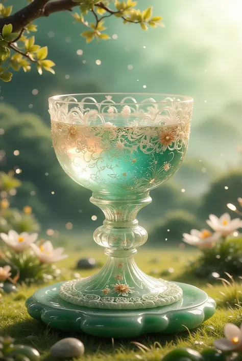 In a soft, golden light, a exquisite crystal chalice with intricate lacework and floral engravings sits atop a delicate pedestal. The transparent liquid within sparkles like the night sky, reflecting hues of sapphire, amethyst, and rose. The chalice's curv...