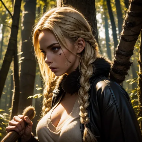 Strong sexy Nordic woman in Forest with hand ax, braided hair, blonde hair, dirt, black war paint, sweat, leather and fur,