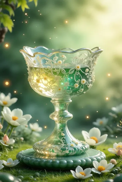 In a soft, golden light, a exquisite crystal chalice with intricate lacework and floral engravings sits atop a delicate pedestal. The transparent liquid within sparkles like the night sky, reflecting hues of sapphire, amethyst, and rose. The chalice's curv...